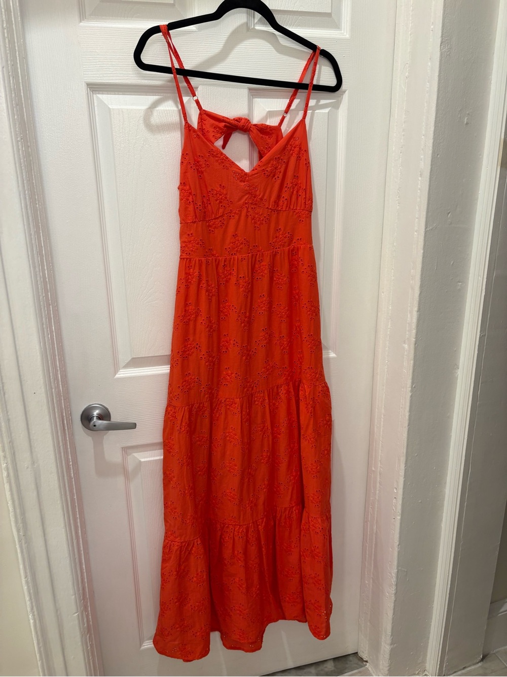 Aqua Orange Eyelet Maxi Dress L Tie Back Smocked Boho Summer Cotton Lined - Picture 3 of 9